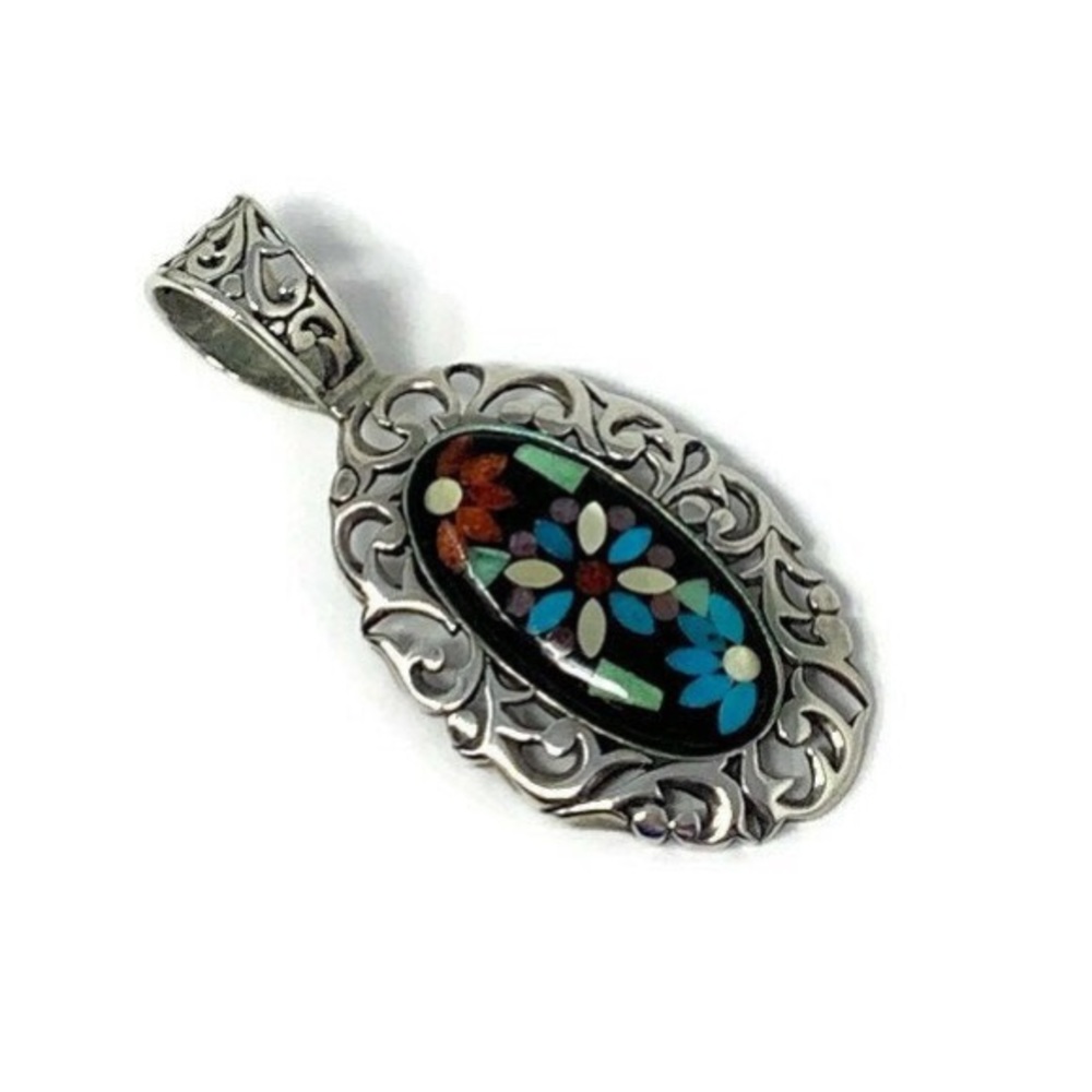 Vintage Designer Carolyn Pollack Onyx Multi Stone Gemstone Inlay Pendant